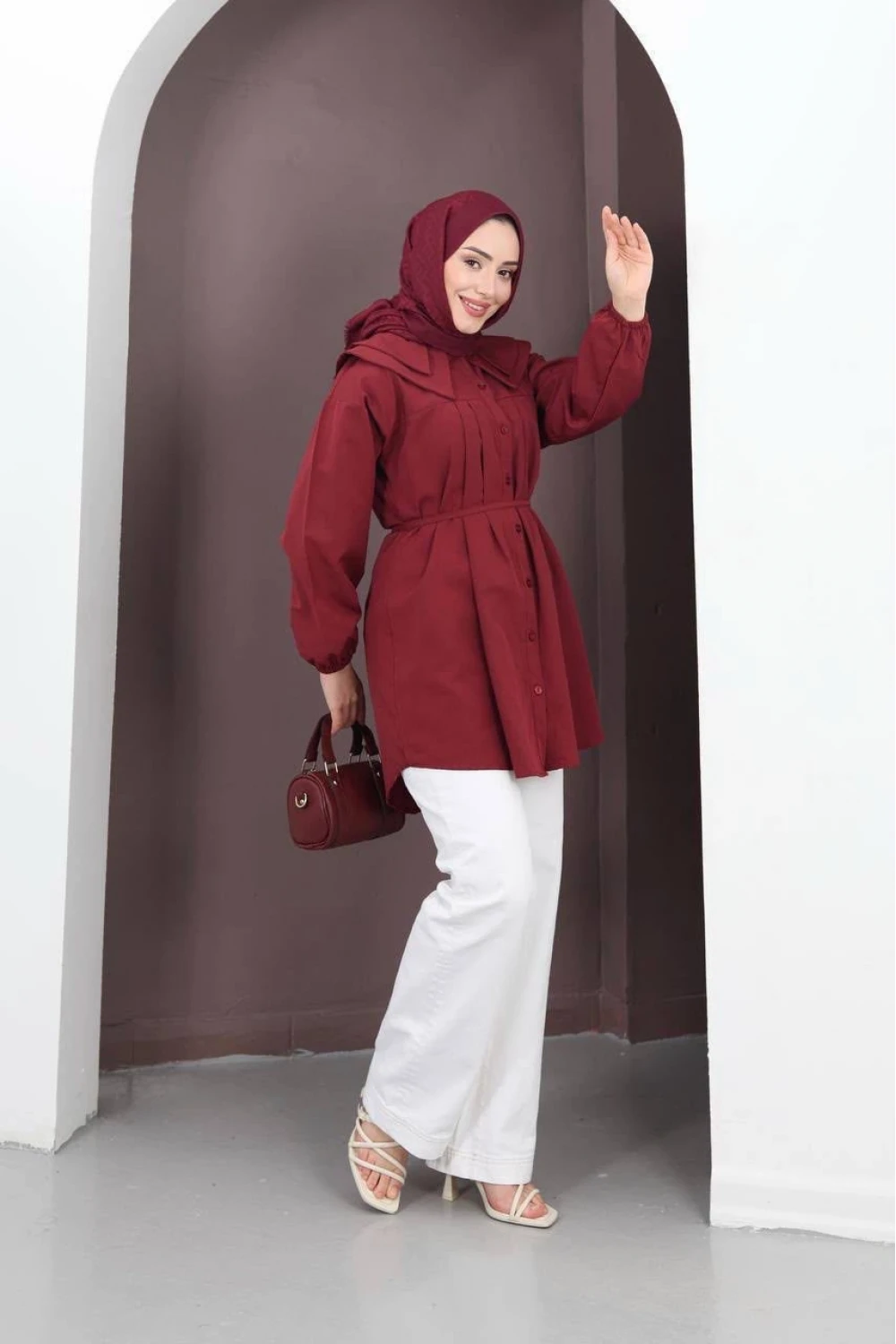 Bebe Yaka Belden Kuşaklı Gömlek Bordo