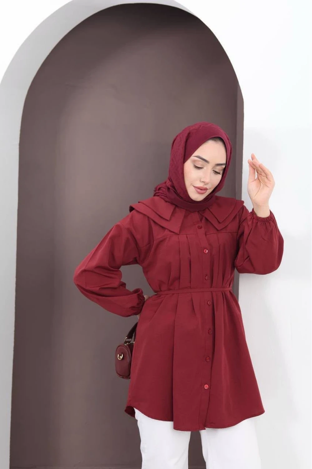 Bebe Yaka Belden Kuşaklı Gömlek Bordo