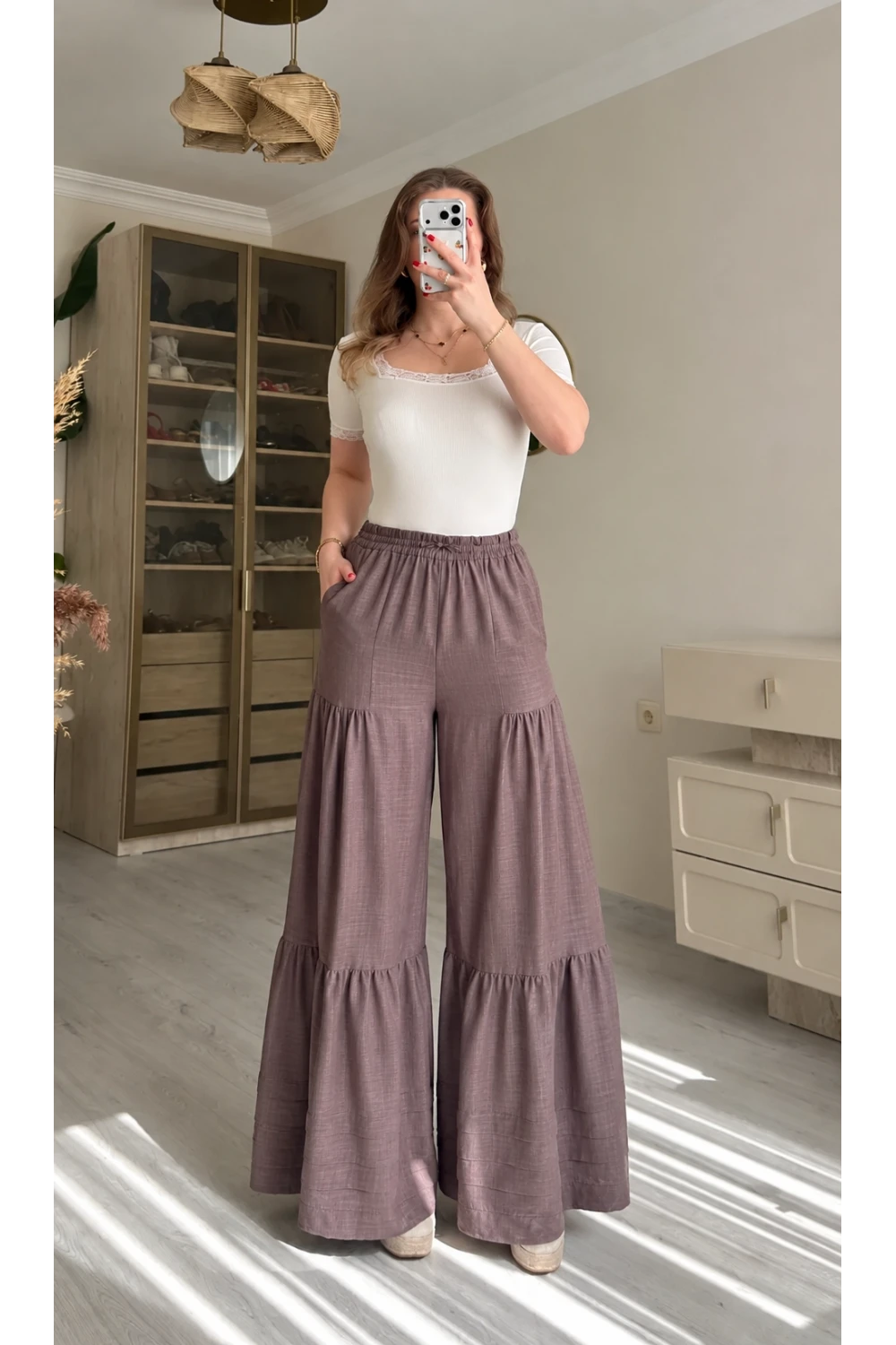 Bel Lastikli Pantolon Etek Pastel Pudra