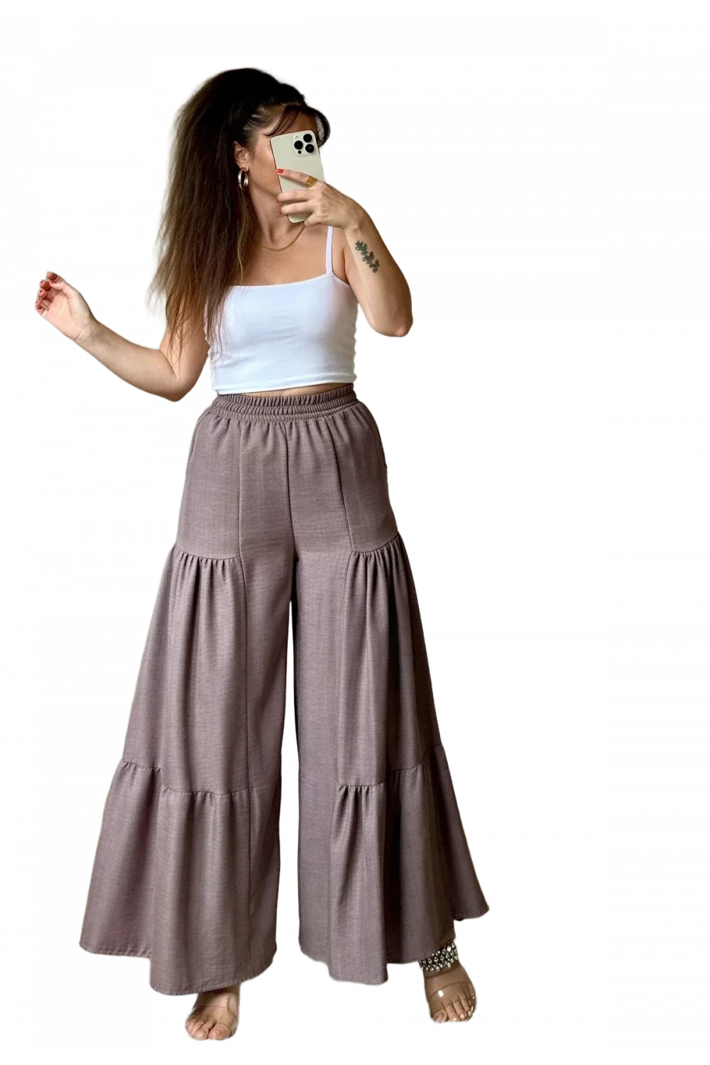 Bel Lastikli Pantolon Etek Pastel Pudra