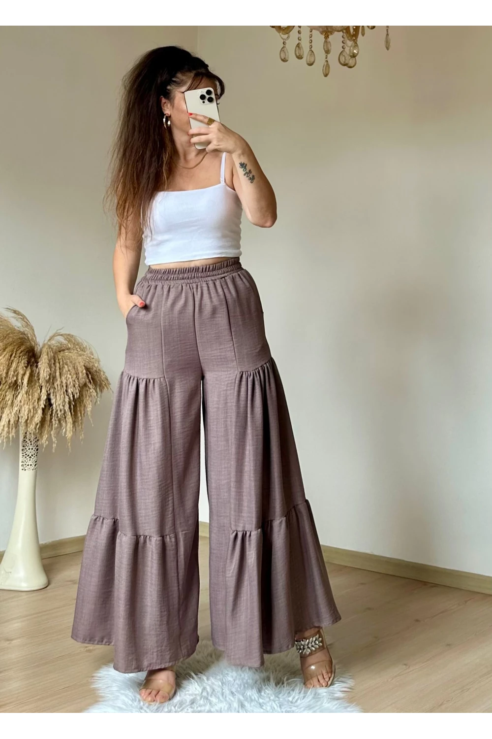 Bel Lastikli Pantolon Etek Pastel Pudra