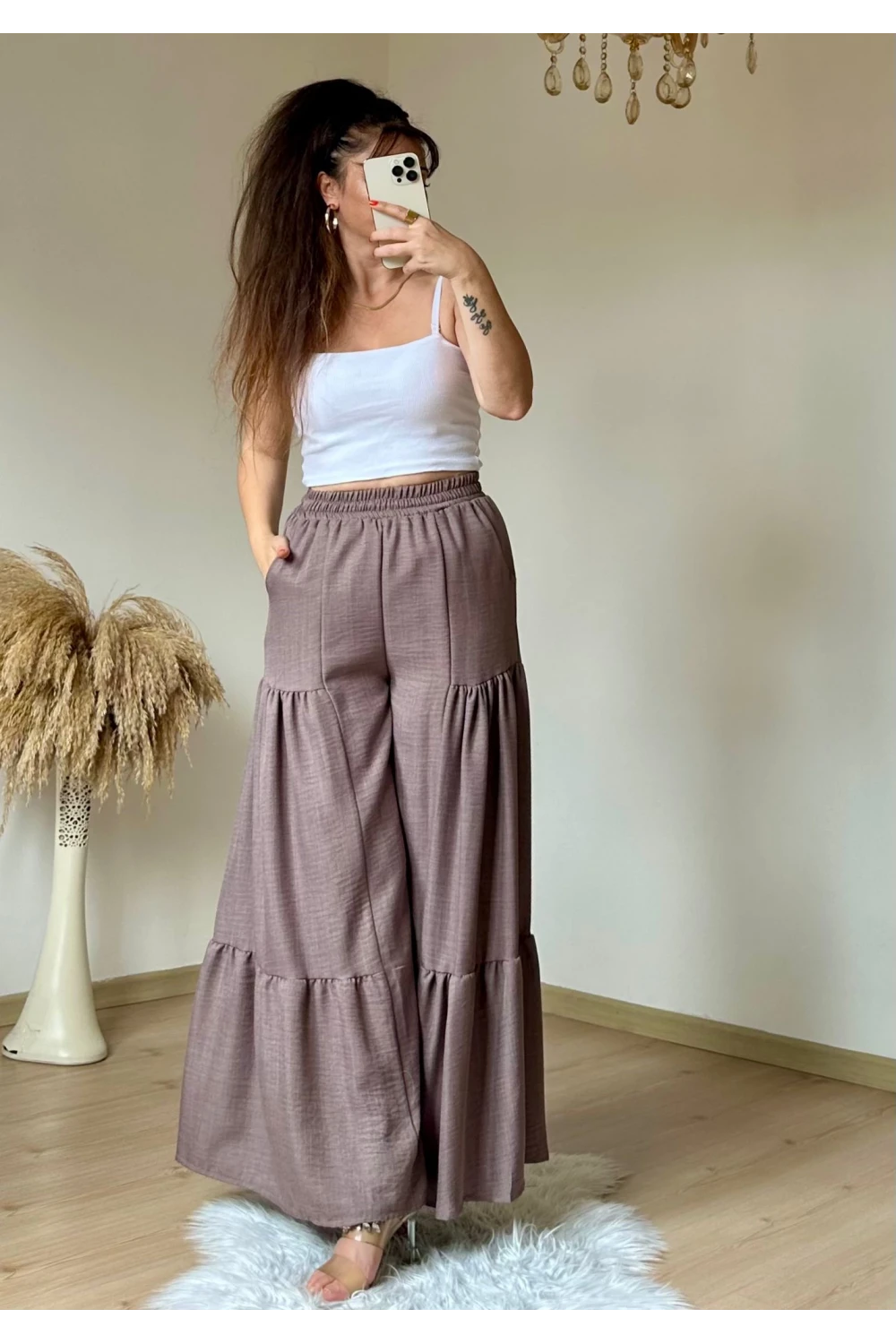 Bel Lastikli Pantolon Etek Pastel Pudra