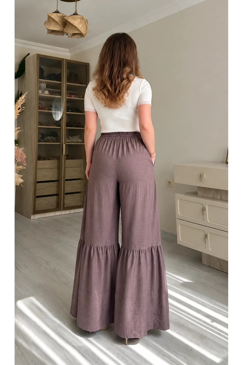 Bel Lastikli Pantolon Etek Pastel Pudra