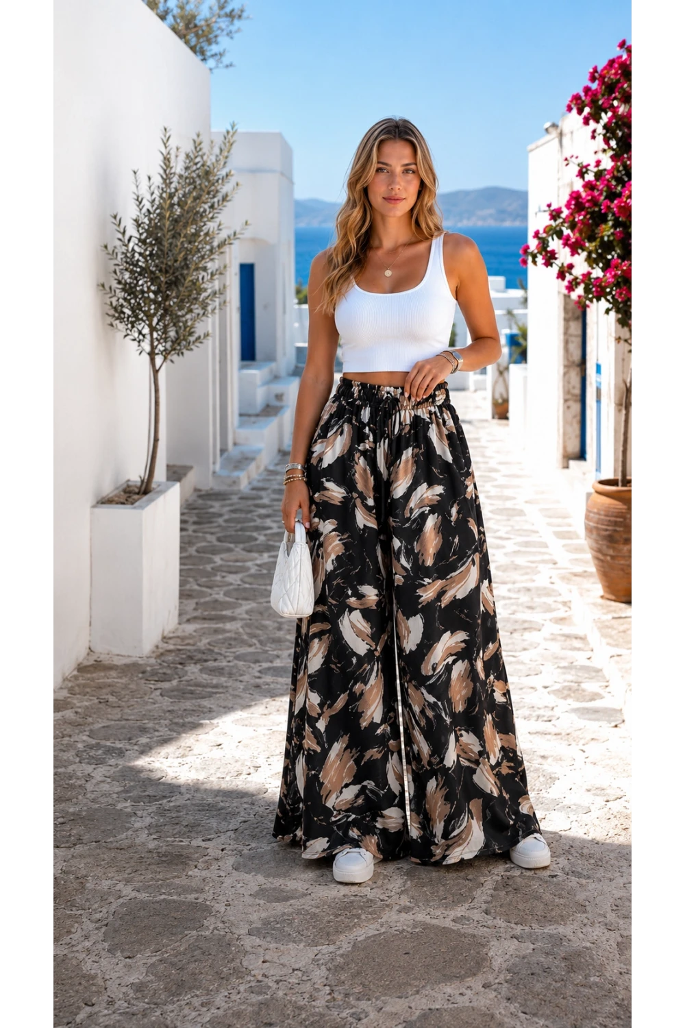 Çiçek Desen Beli Lastikli ve İpli Viskon Pantolon Kahve