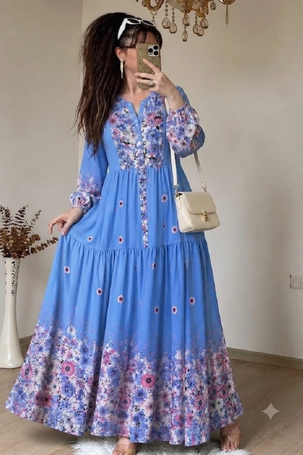Çiçek Desen Pamuklu Modal Elbise Mavi