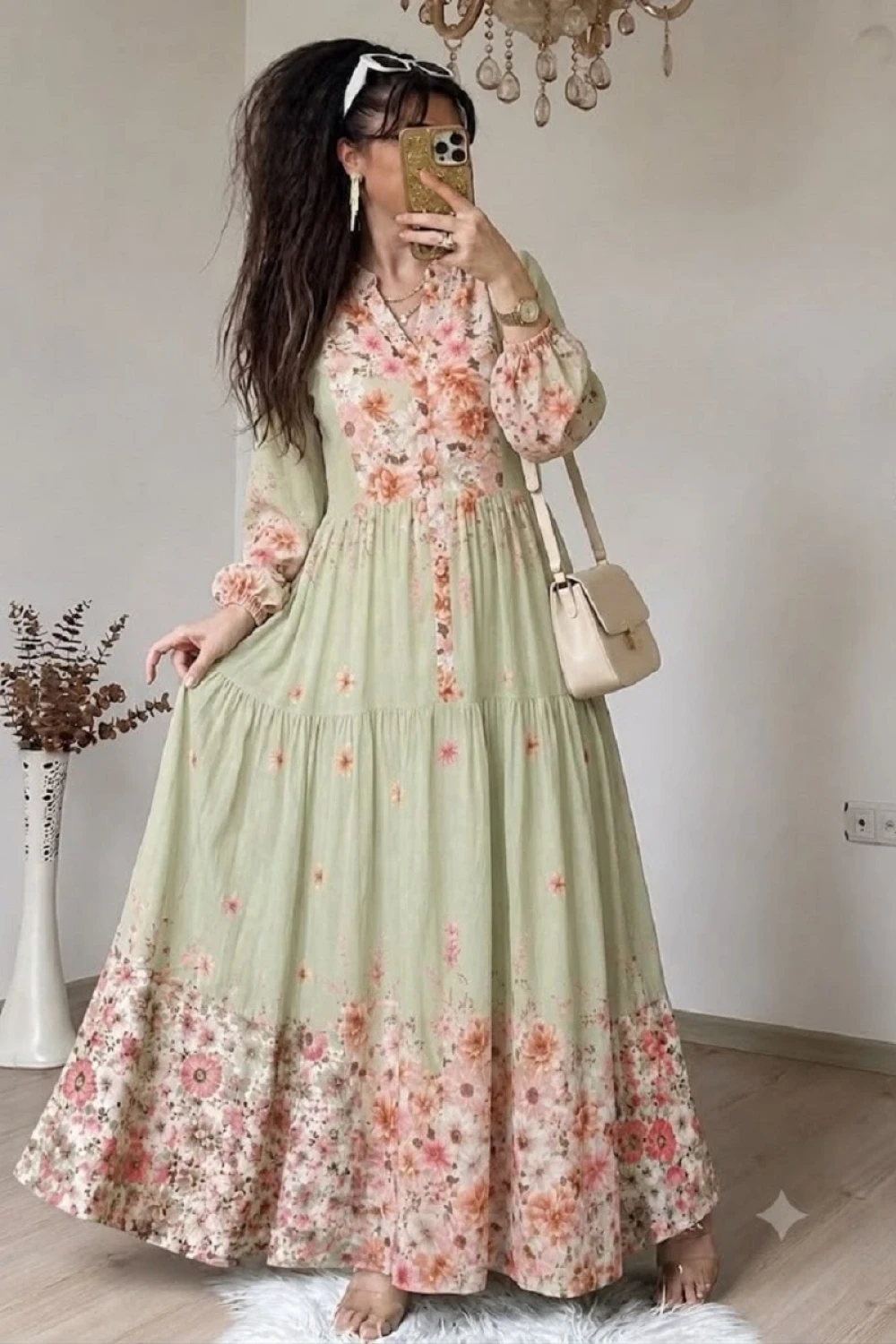 Çiçek Desen Pamuklu Modal Elbise Mint