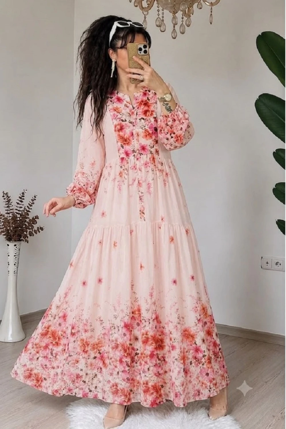 Çiçek Desen Pamuklu Modal Elbise Pembe