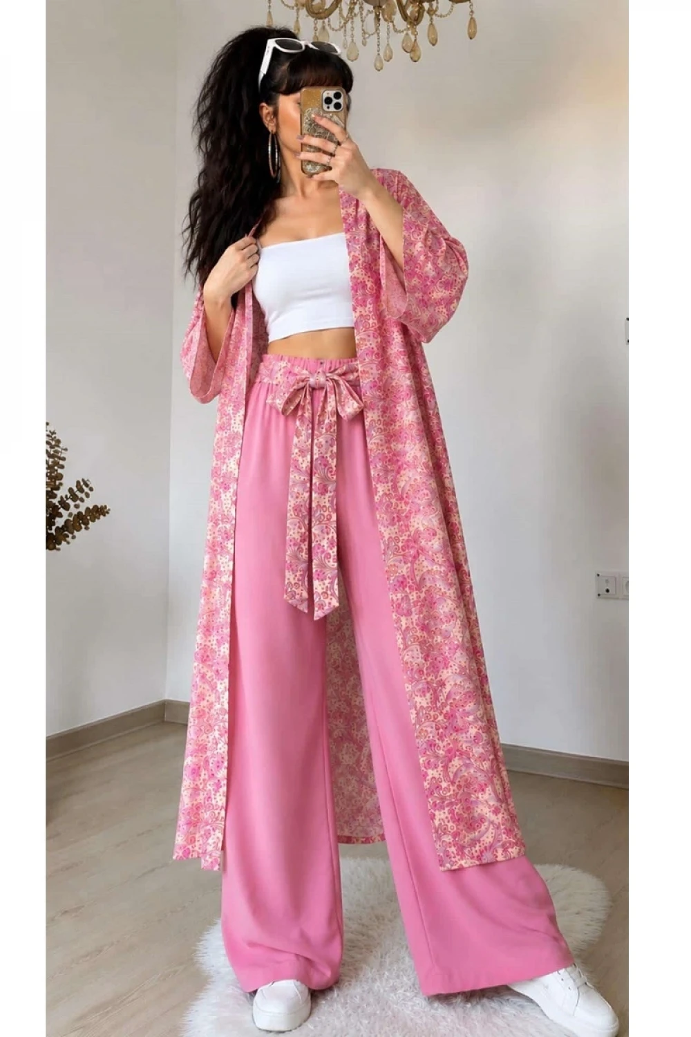 Desenli Tunik Takım Pembe