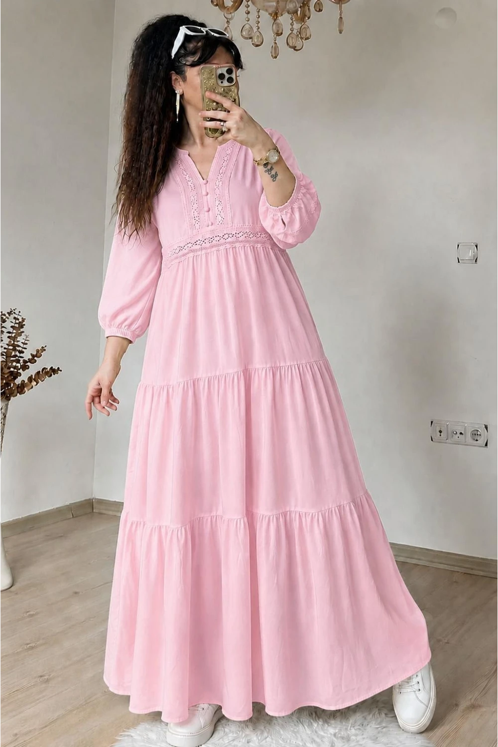 Eteği Fırfırlı Dantel Şerit Detaylı Elbise Pembe