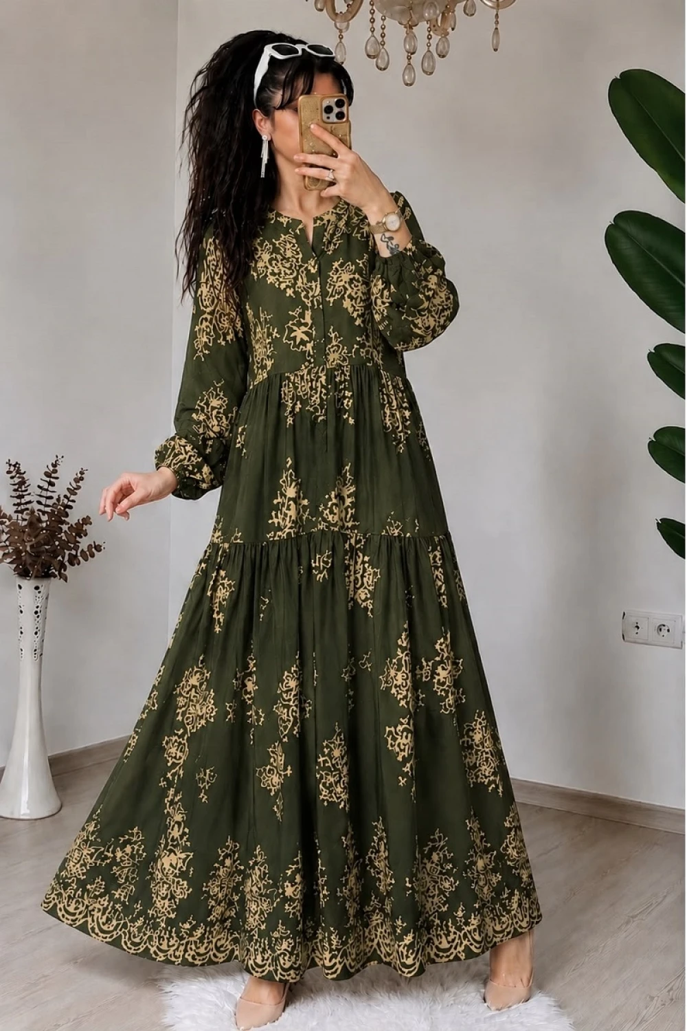 Etnik Desen Dokuma Viskon Elbise Yeşil