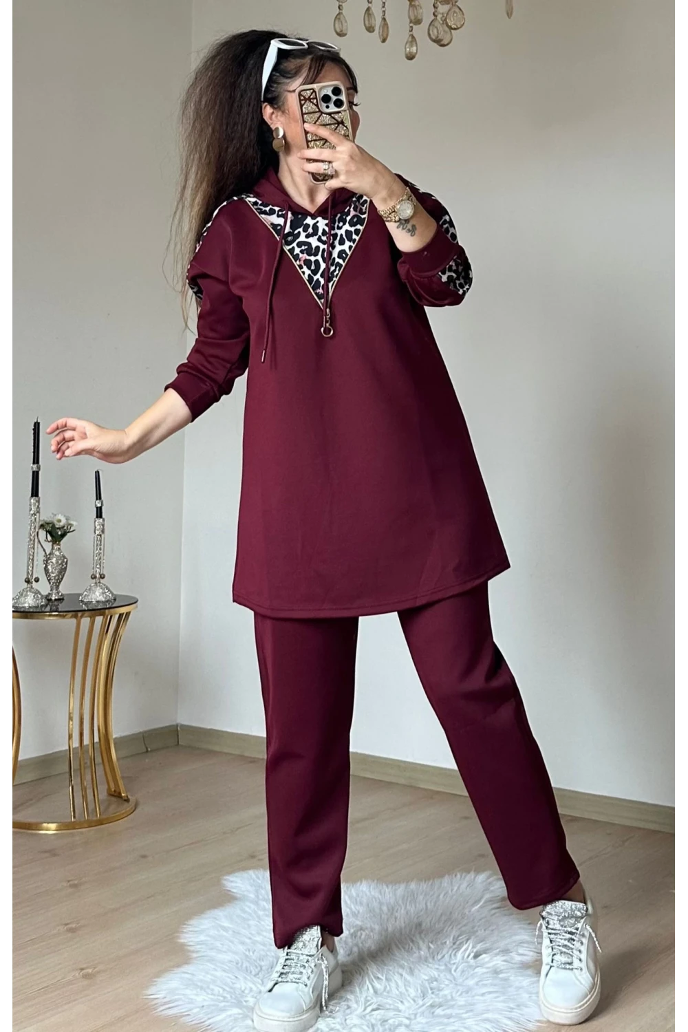 Fermuar Detaylı Leopar Takım Bordo
