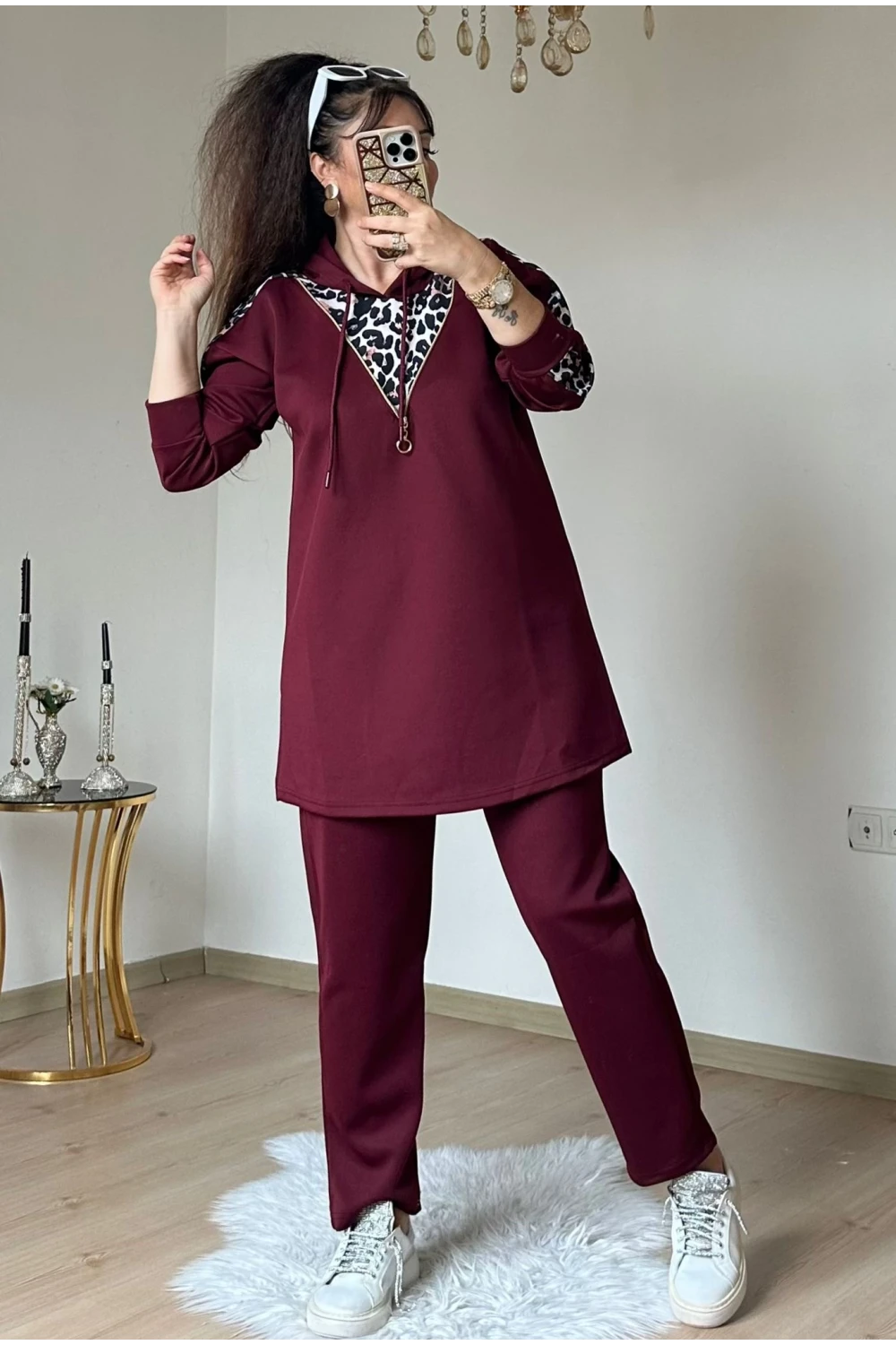 Fermuar Detaylı Leopar Takım Bordo