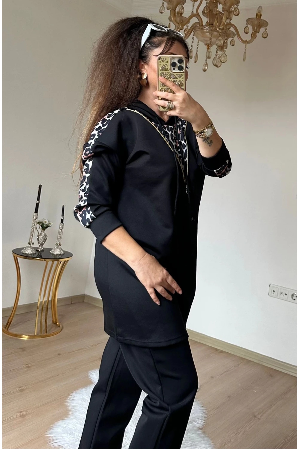 Fermuar Detaylı Leopar Takım Siyah