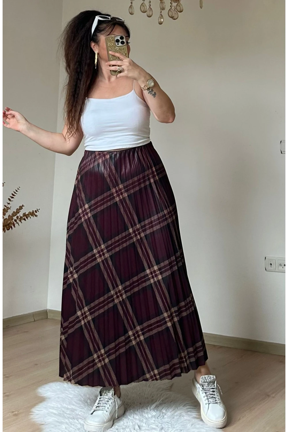Kare Desen Pileli Bordo Etek