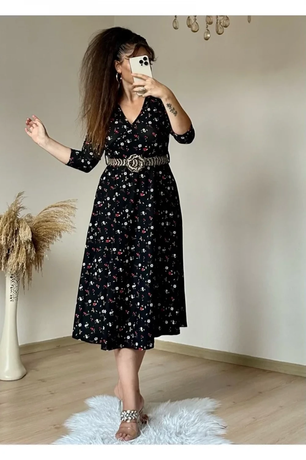 Kemerli Çıtır Çiçekli Midi Boy Elbise Siyah
