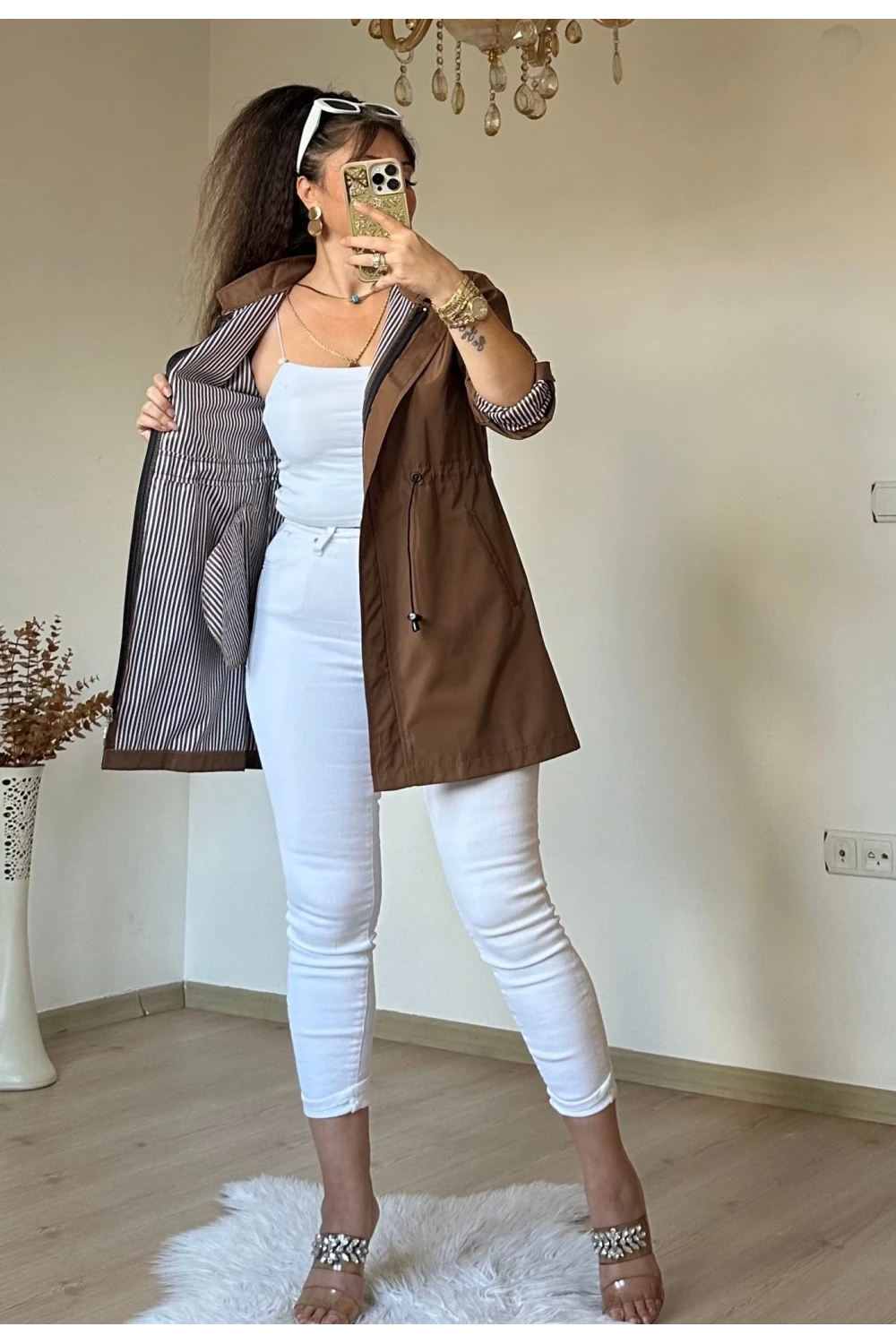 Kısa Çizgili Trençkot Taba