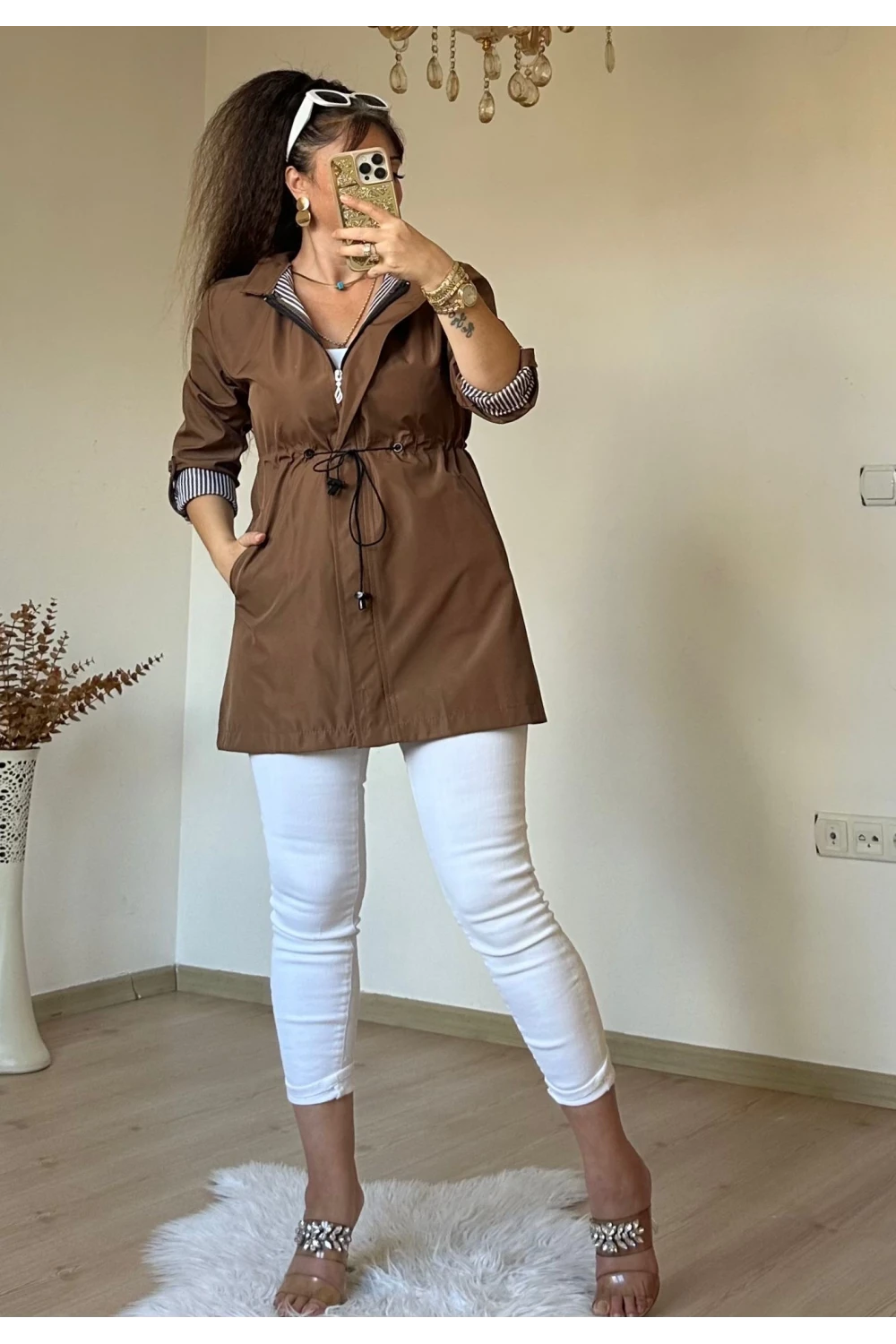 Kısa Çizgili Trençkot Taba
