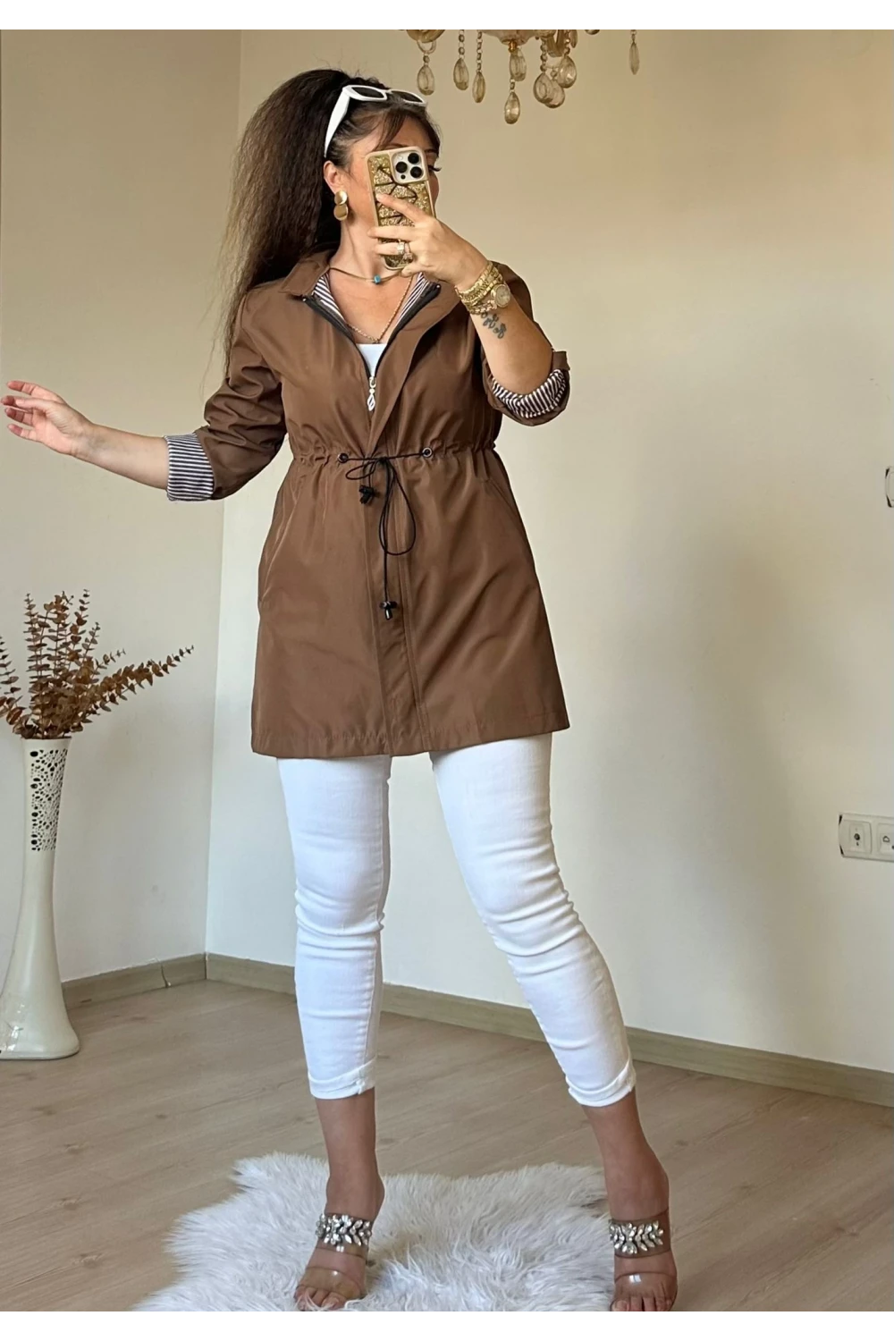 Kısa Çizgili Trençkot Taba