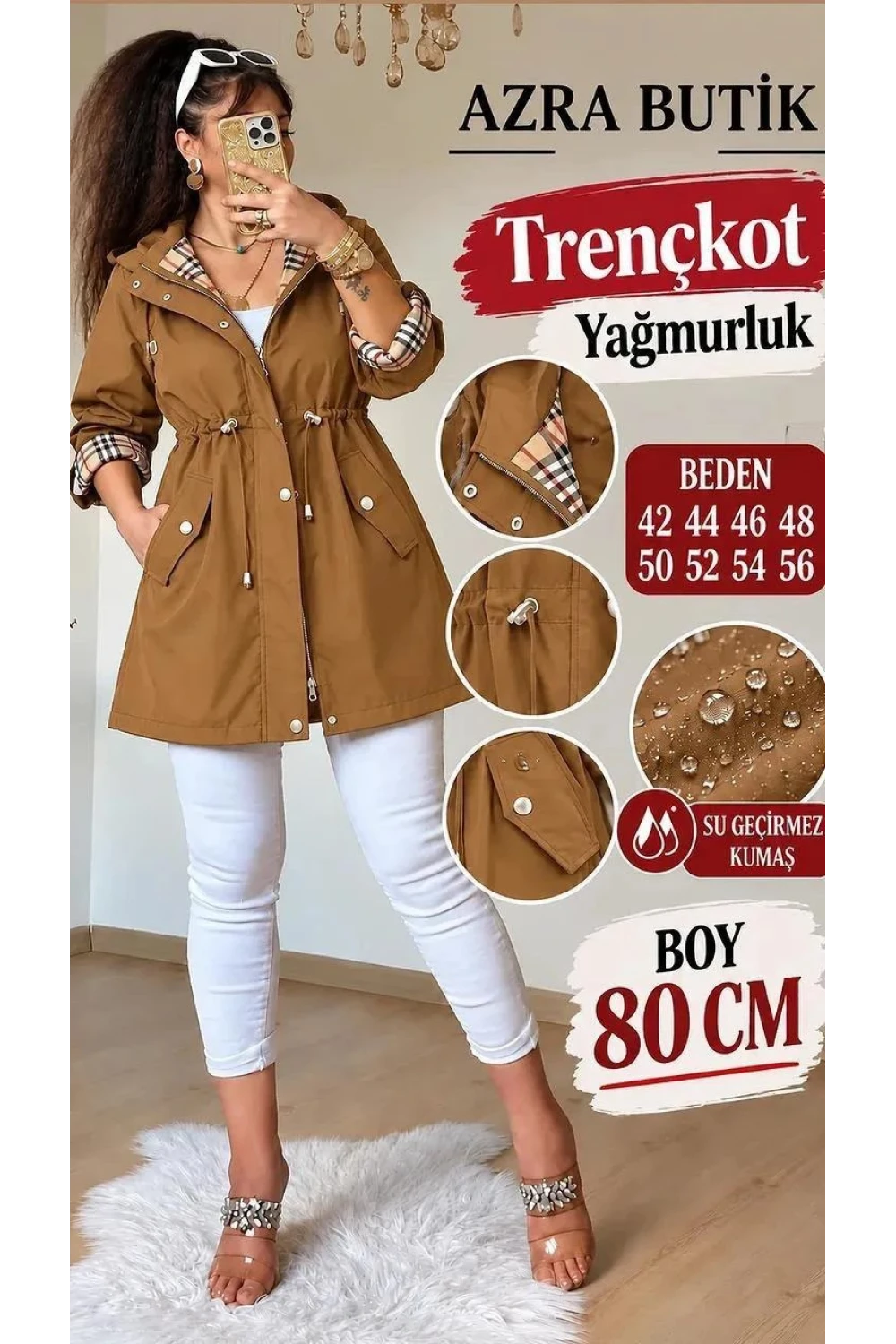 Kısa Kare Desen Trençkot Taba