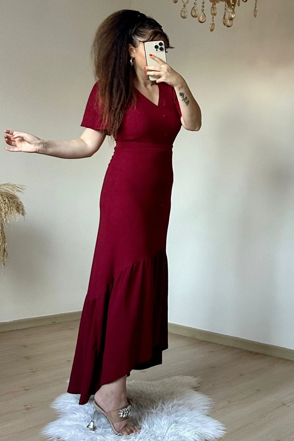 Kısa Kol Romantik Elbise Bordo