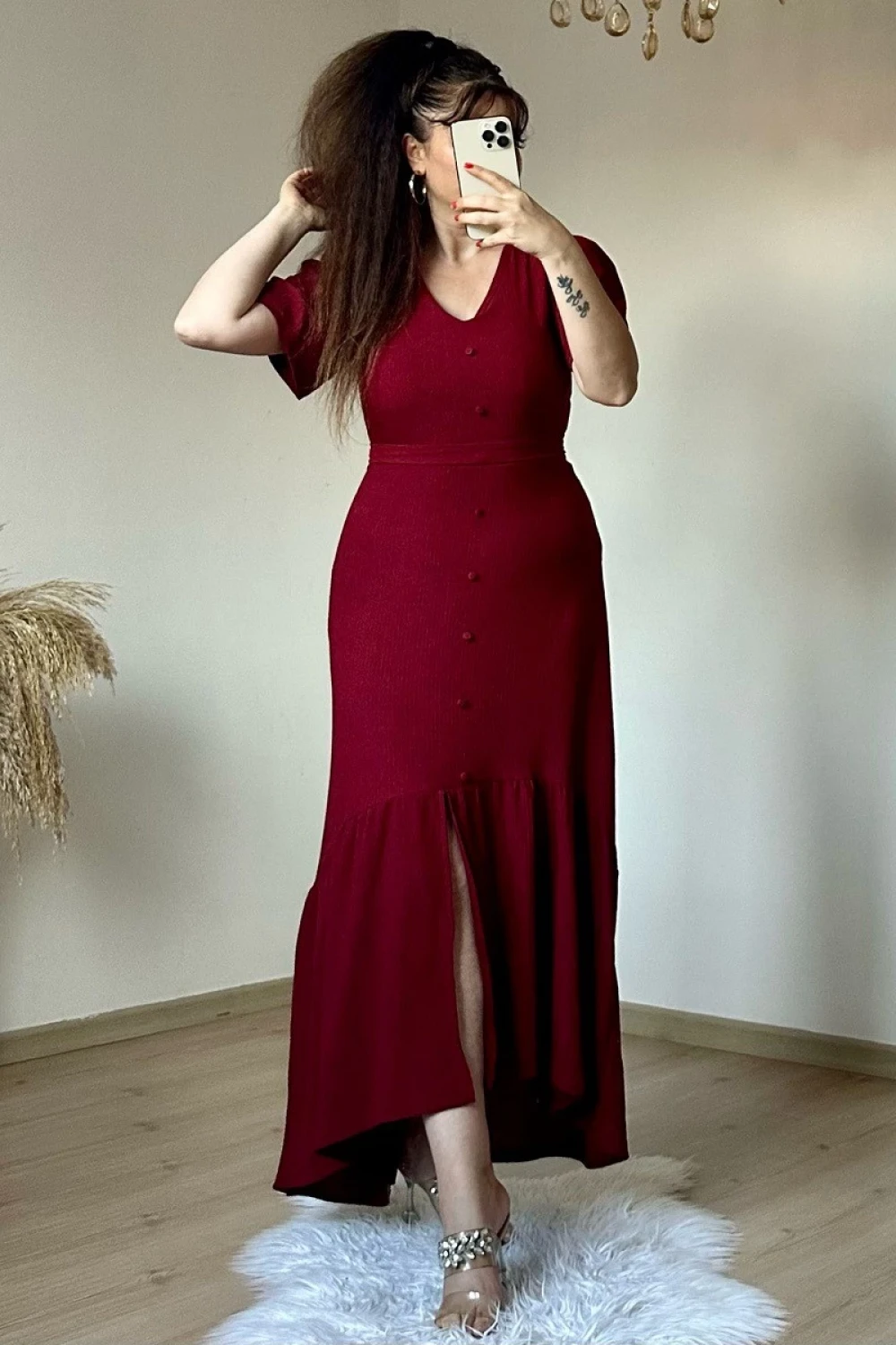 Kısa Kol Romantik Elbise Bordo
