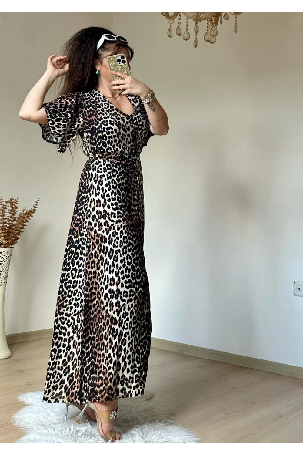 Kol Volanlı Leopar Elbise