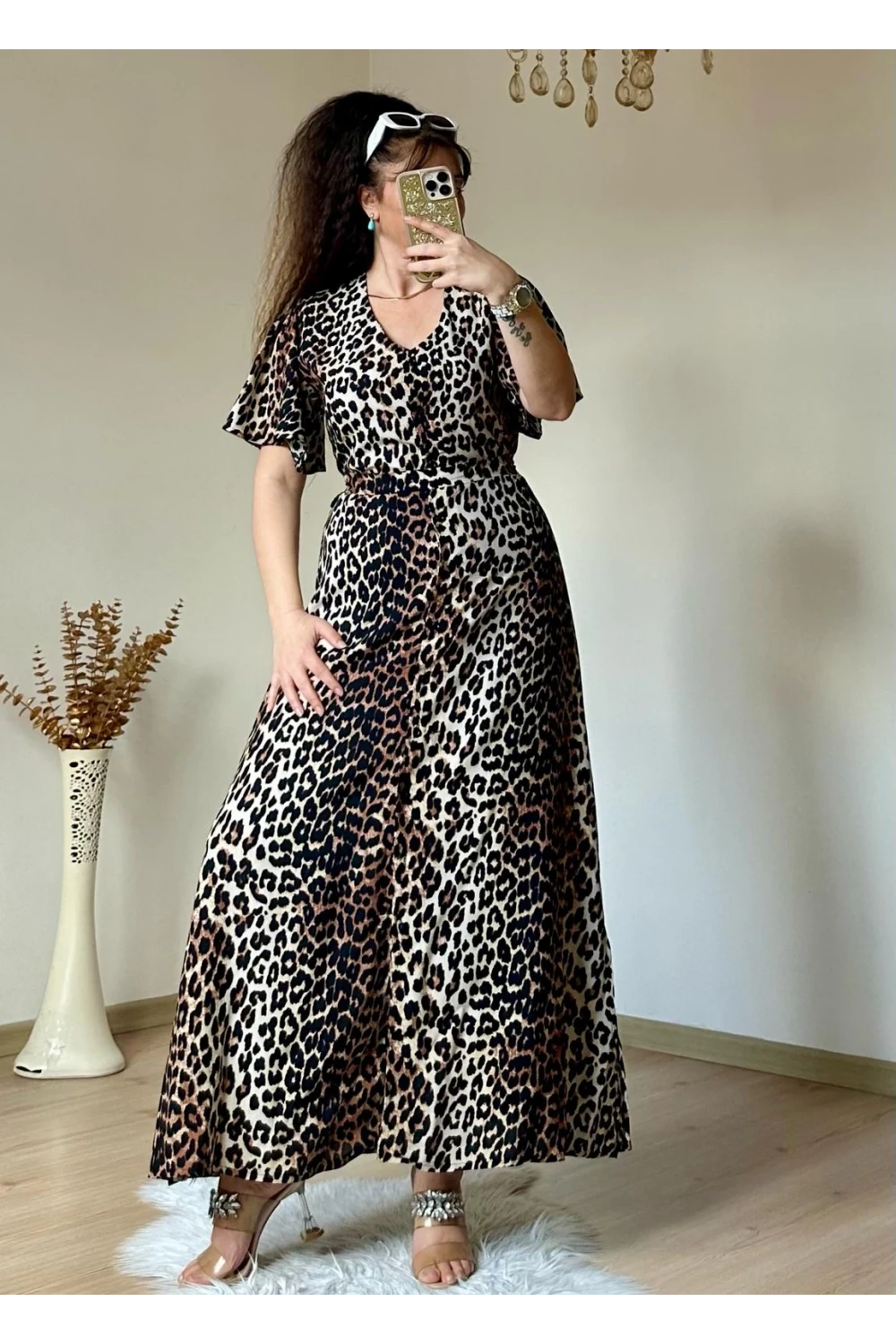 Kol Volanlı Leopar Elbise