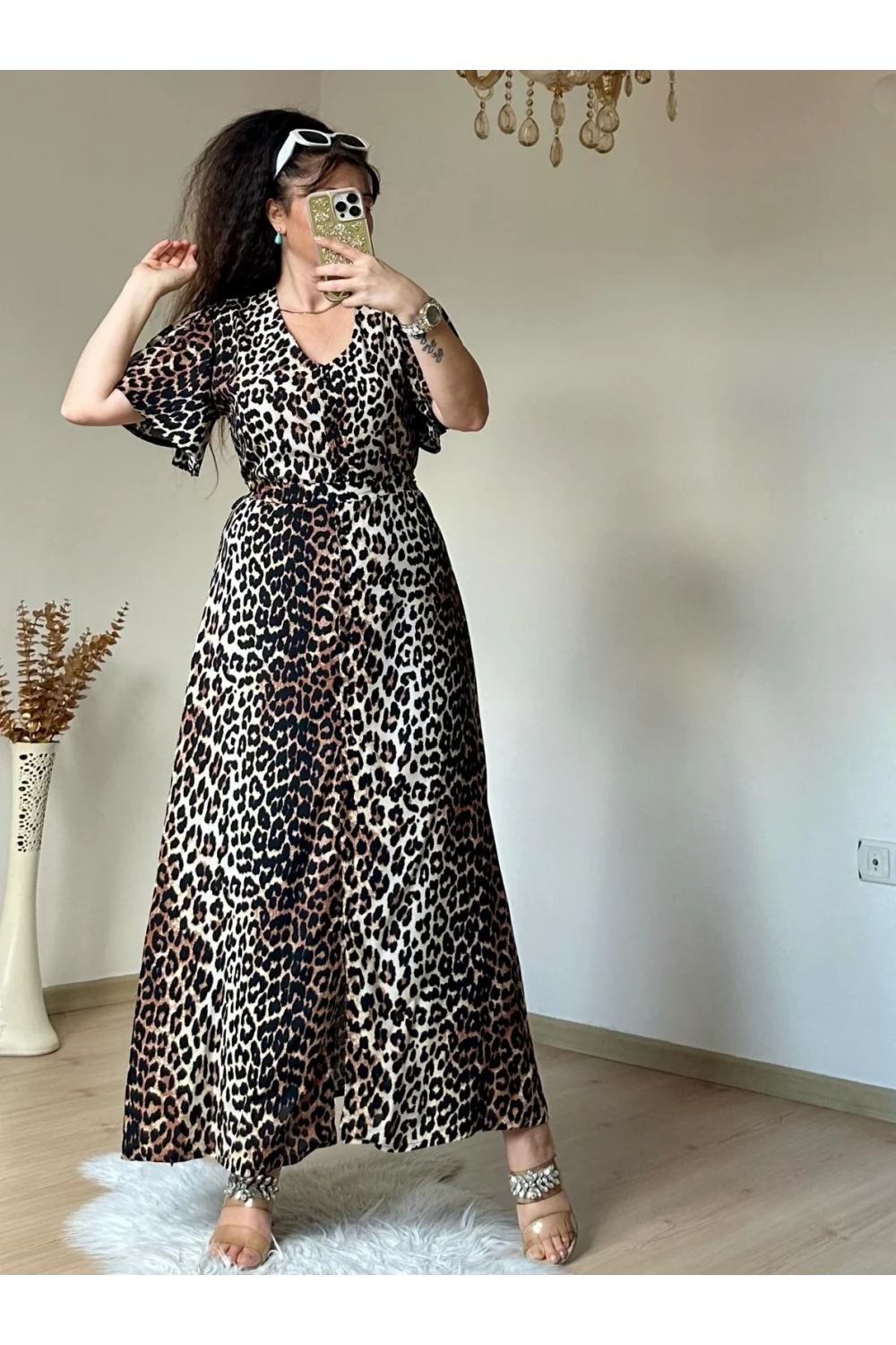 Kol Volanlı Leopar Elbise
