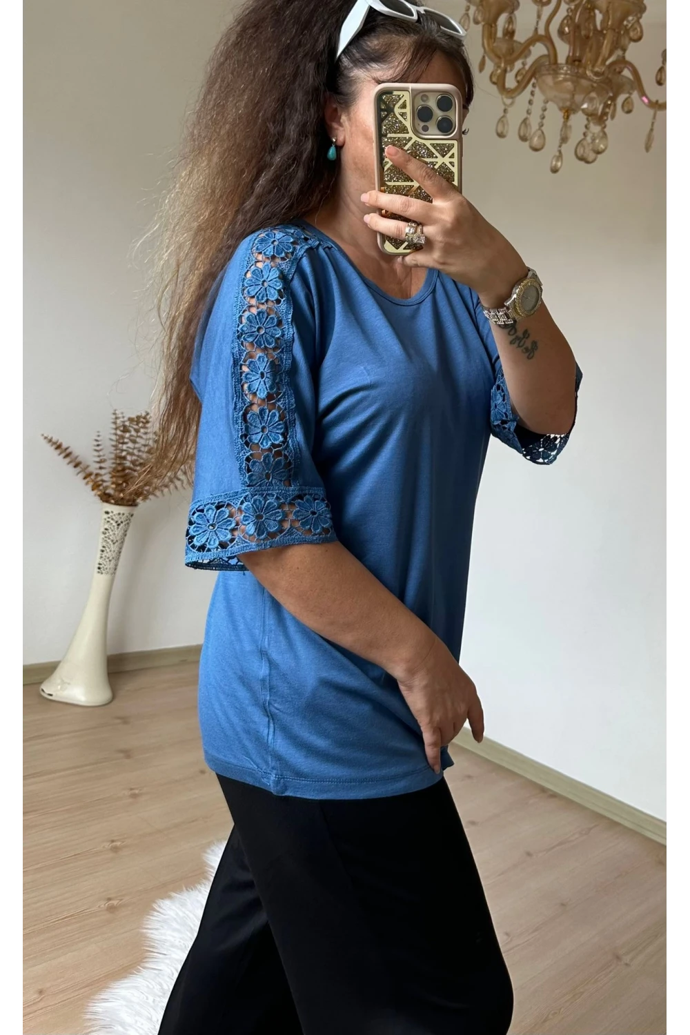 Kolları Dantel Detaylı Takım Mavi