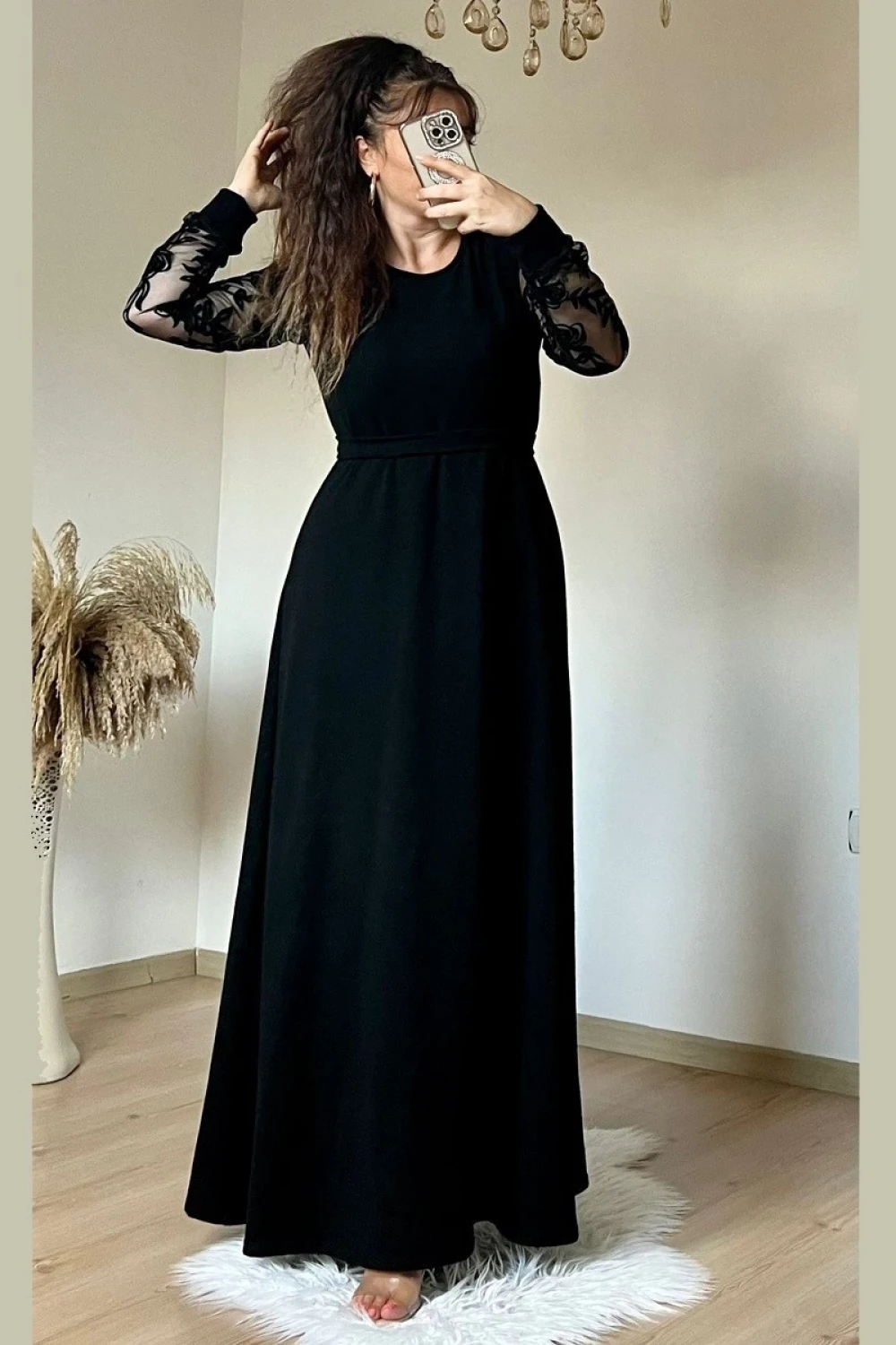 Kolları Tül Çiçek Uzun Triko Elbıse