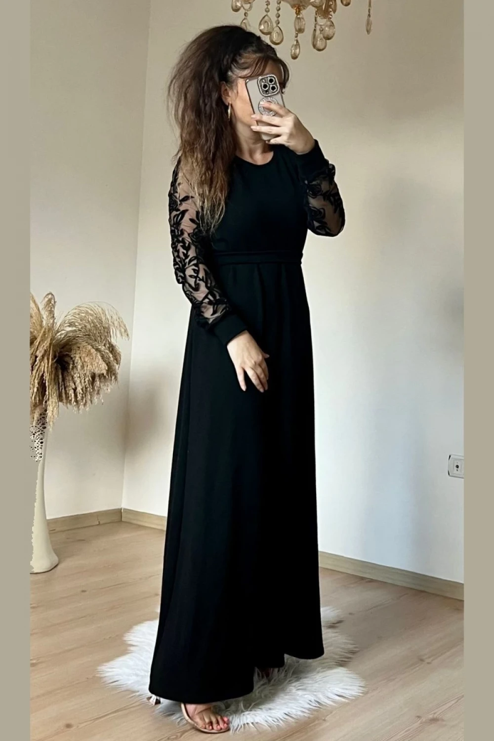 Kolları Tül Çiçek Uzun Triko Elbıse