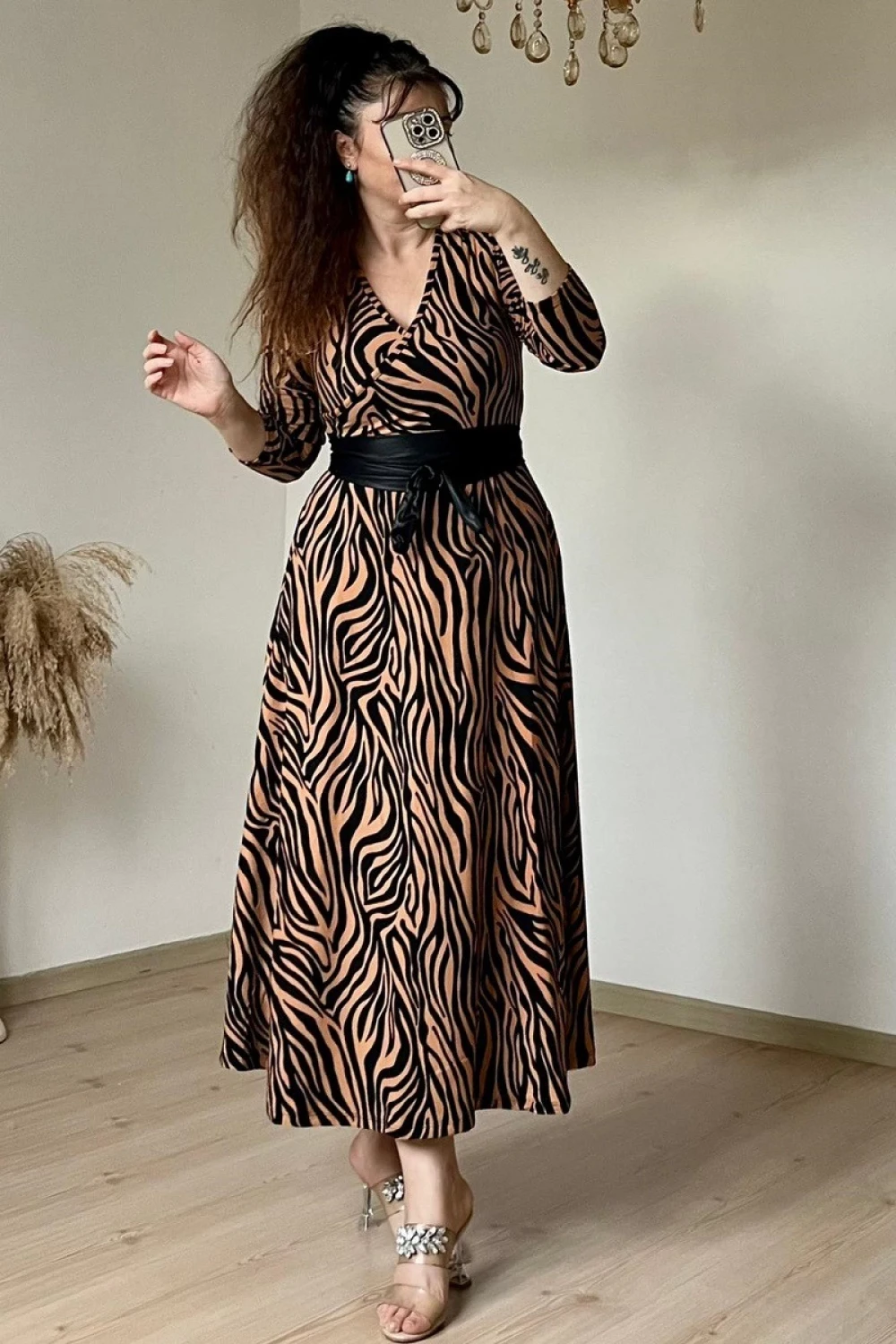 Kruvaze Yaka Uzun Kol Kahve Zebra Süet Elbise