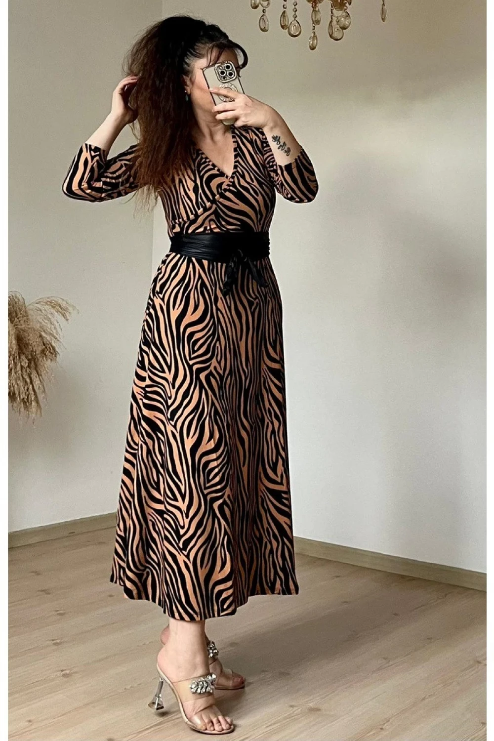 Kruvaze Yaka Uzun Kol Kahve Zebra Süet Elbise