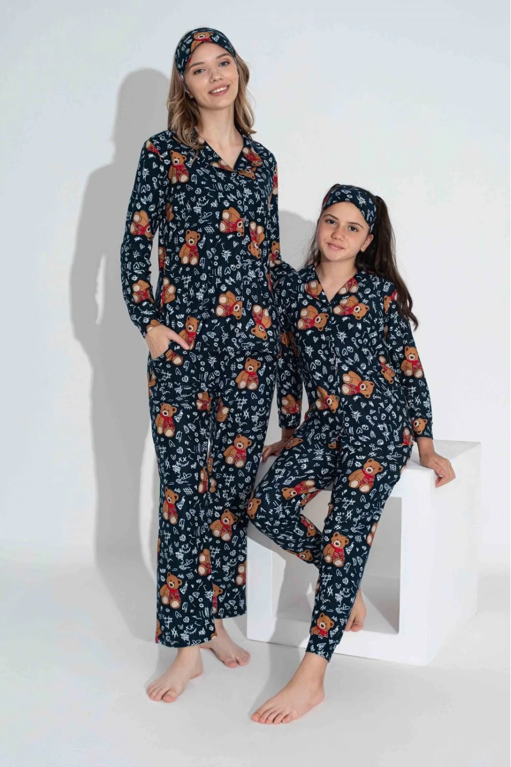 Lacivert Ayıcık Desen  kız Çocuk Pijama Takımı