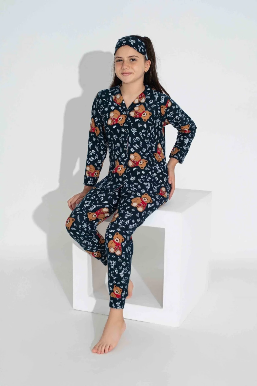 Lacivert Ayıcık Desen  kız Çocuk Pijama Takımı