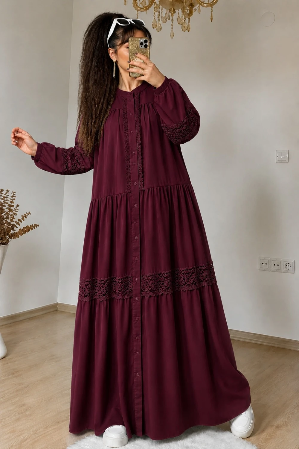 Lavinya Desen Güpür Elbise Bordo