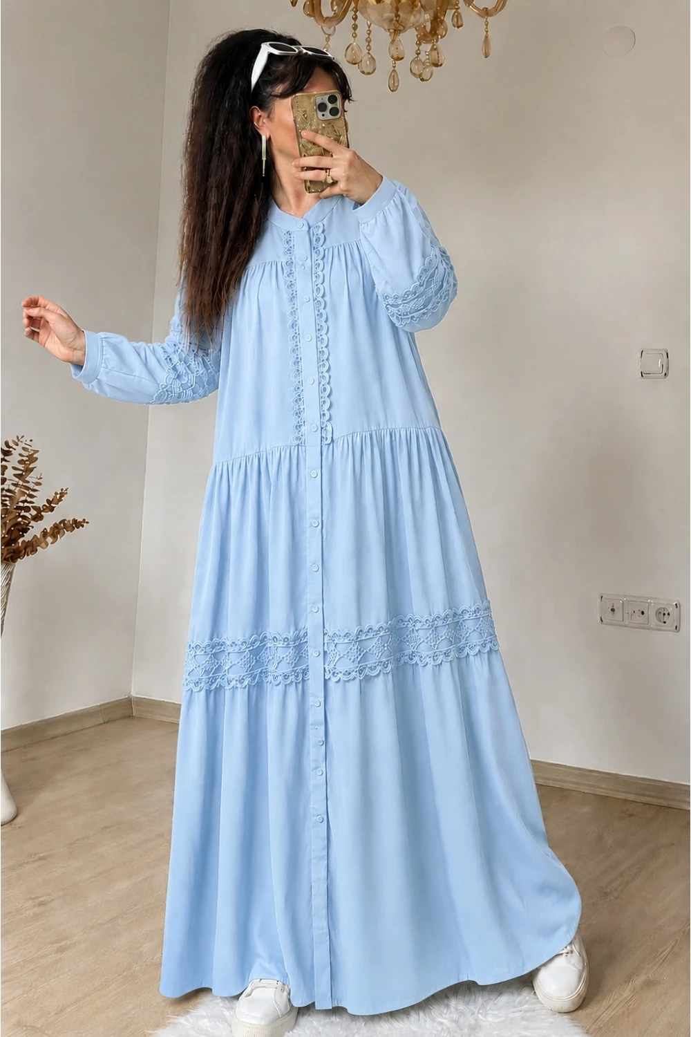Lavinya Desen Güpür Elbise Mavi