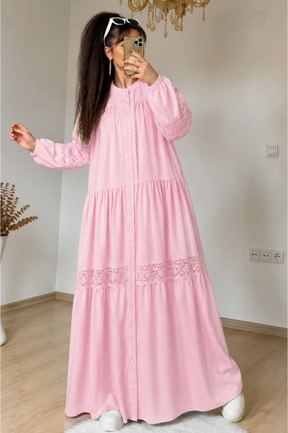 Lavinya Desen Güpür Elbise Pembe