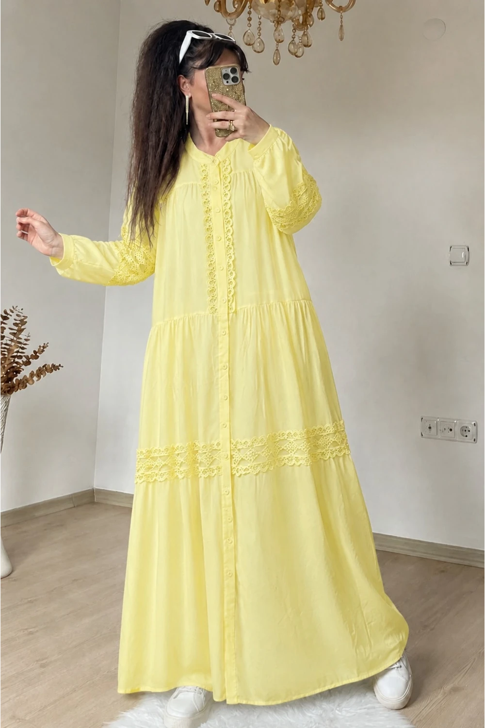 Lavinya Desen Güpür Elbise Sarı