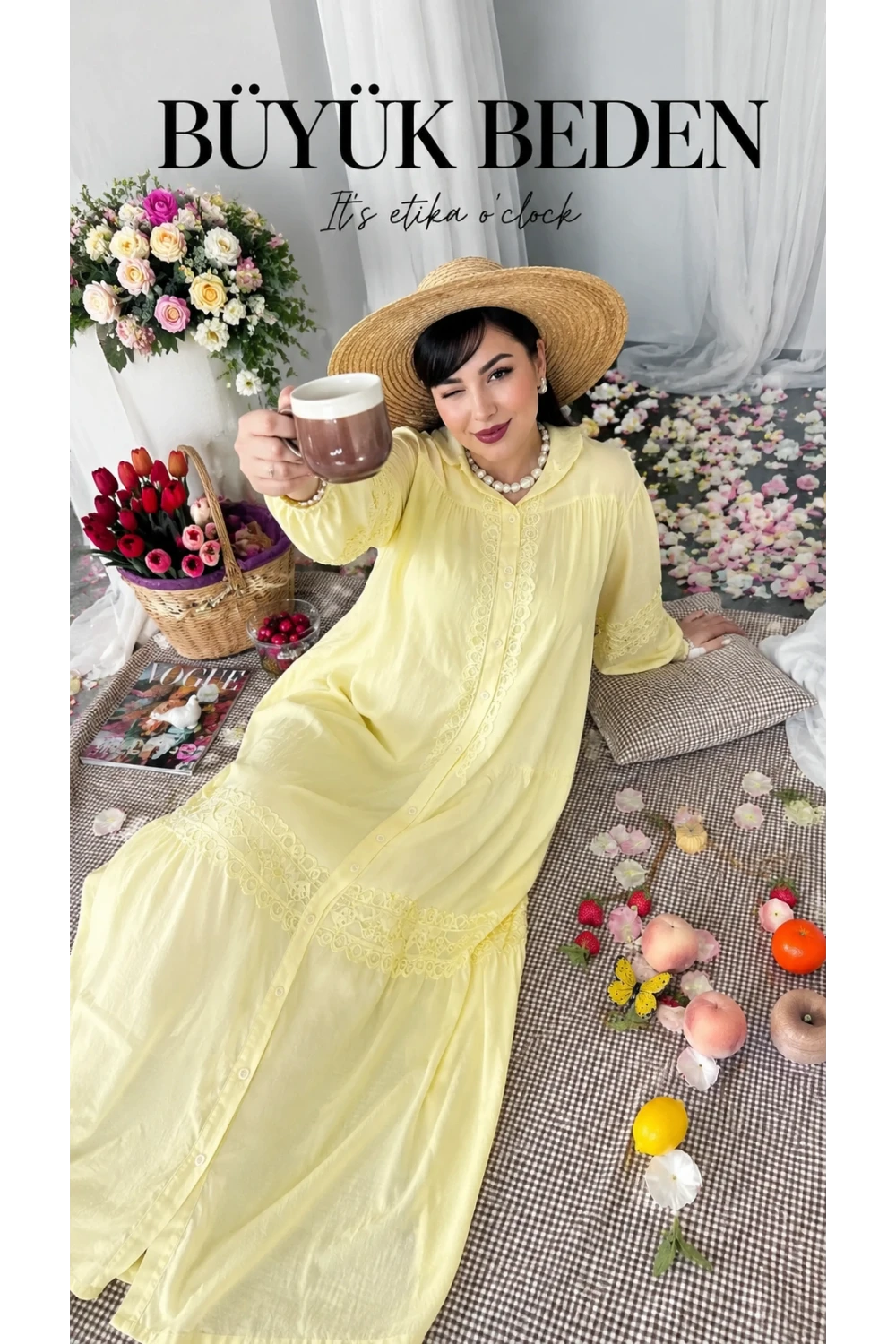Lavinya Desen Güpür Elbise Sarı
