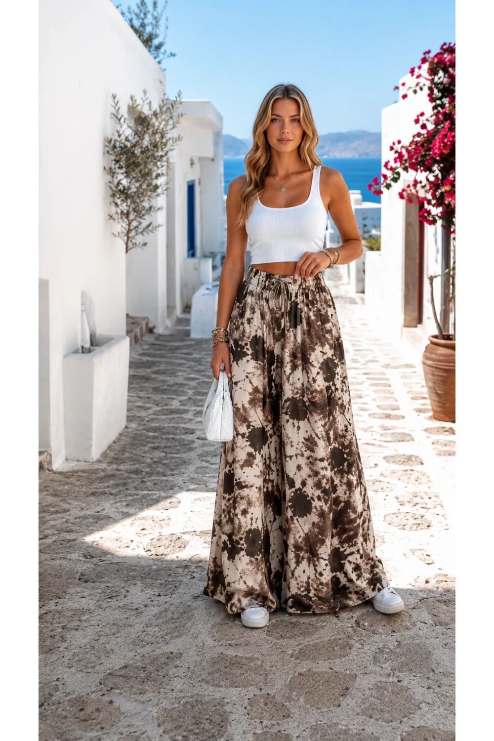 Motif Desen Beli Lastikli ve İpli Viskon Pantolon Kahve