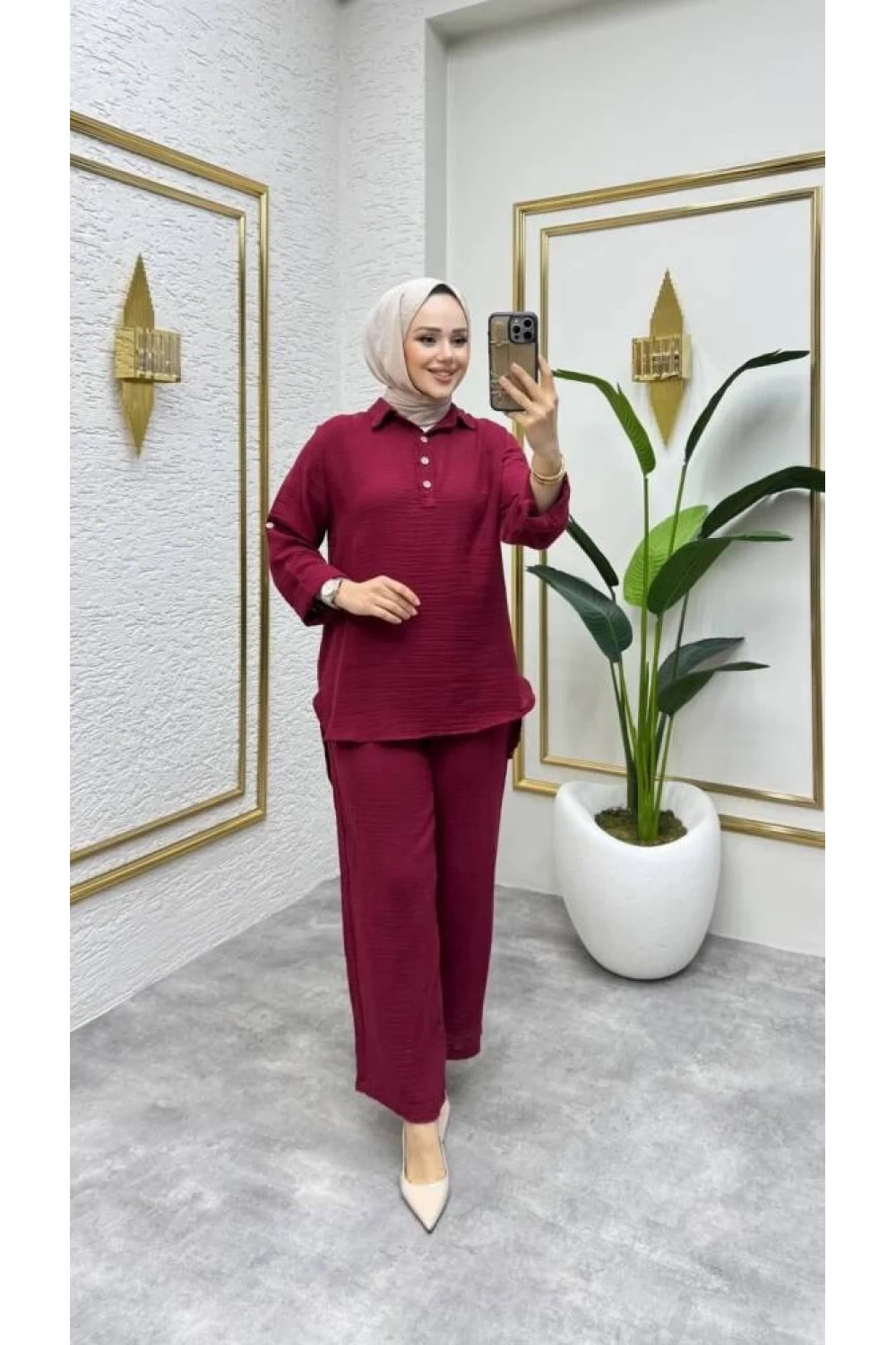 Müslin Pantolon Takım Bordo