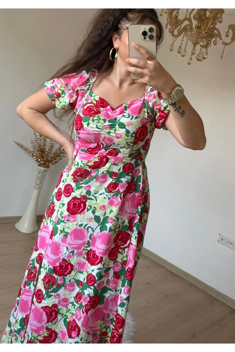 Öpücük Yaka Pembe Çıceklı Elbise