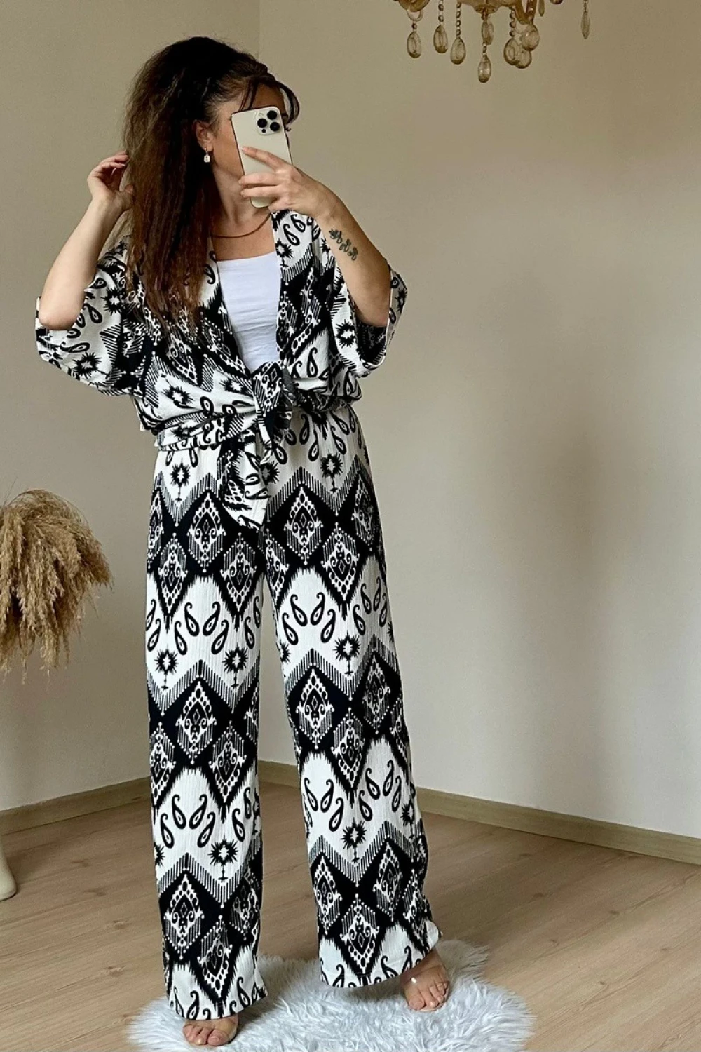 Otantik Desen Kimono Takım Siyah