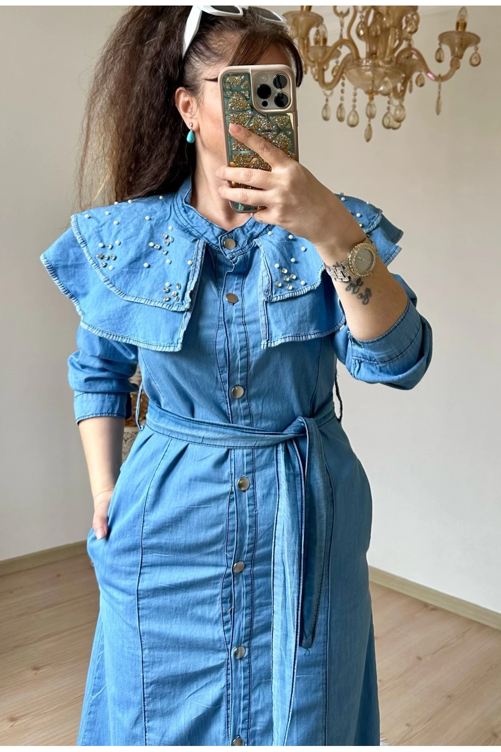 Prenses Yaka Kot Elbise Açık Mavi