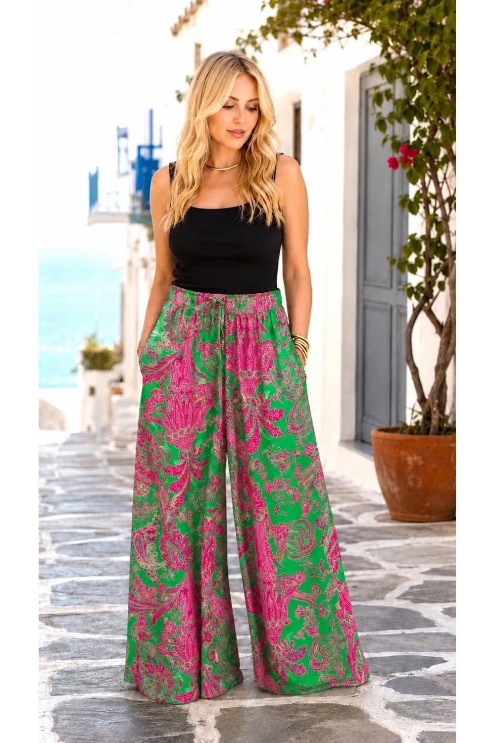 Şal Desen Beli Lastikli ve İpli Viskon Pantolon Pembe