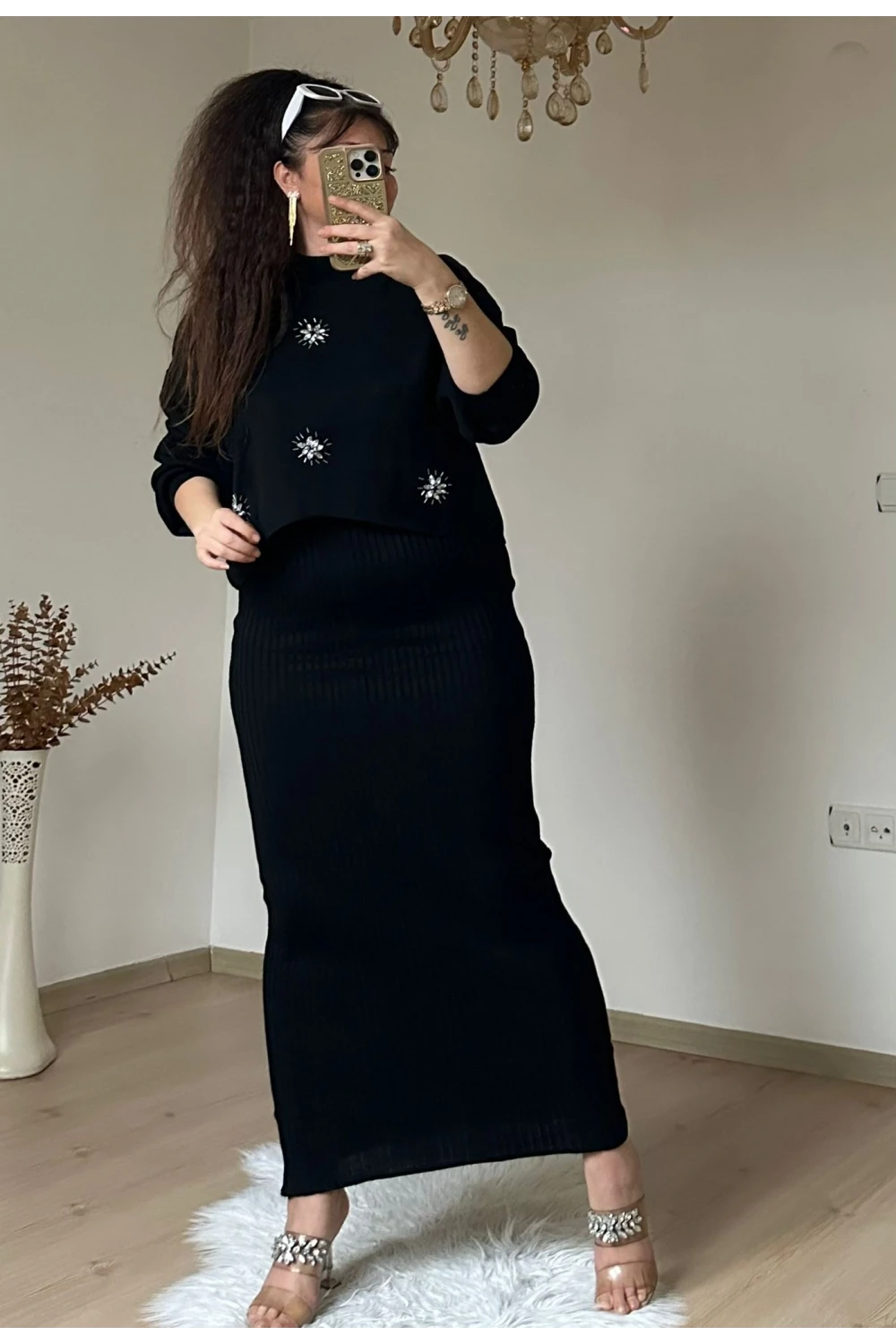 Taşlı Elbıse Bluz Triko Takım