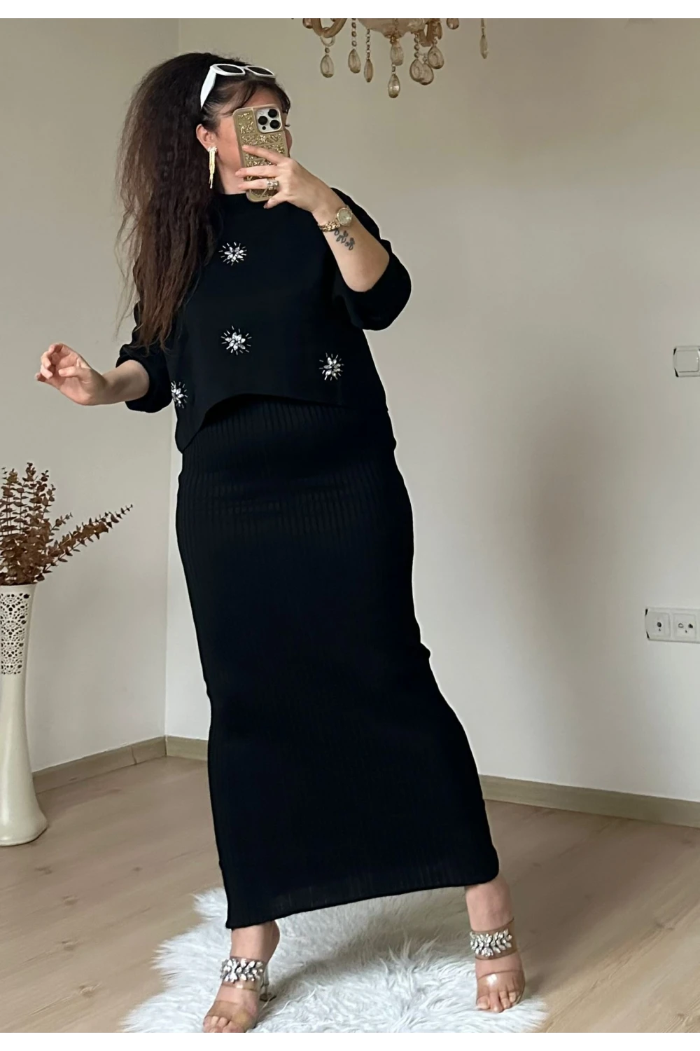 Taşlı Elbıse Bluz Triko Takım