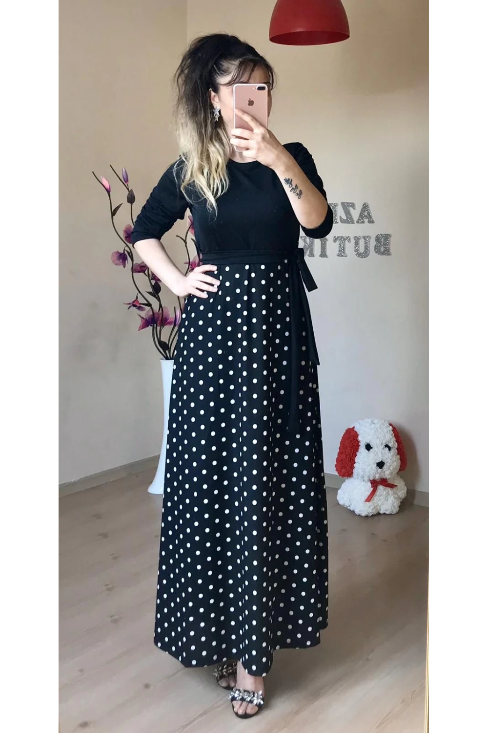 Üst Siyah Alt Puanlı Maxi Boy Penye Elbise