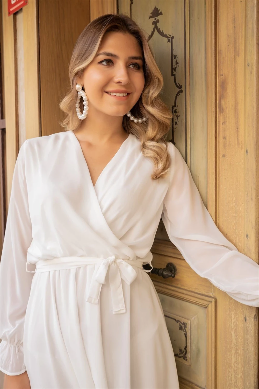Uzun Düz Şifon Elbise Beyaz